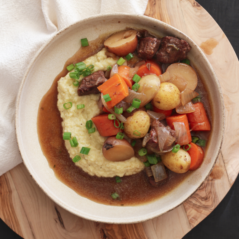 Classic Beef and Veggie Stew with Cauliflower Mashed ‘Potatoes’