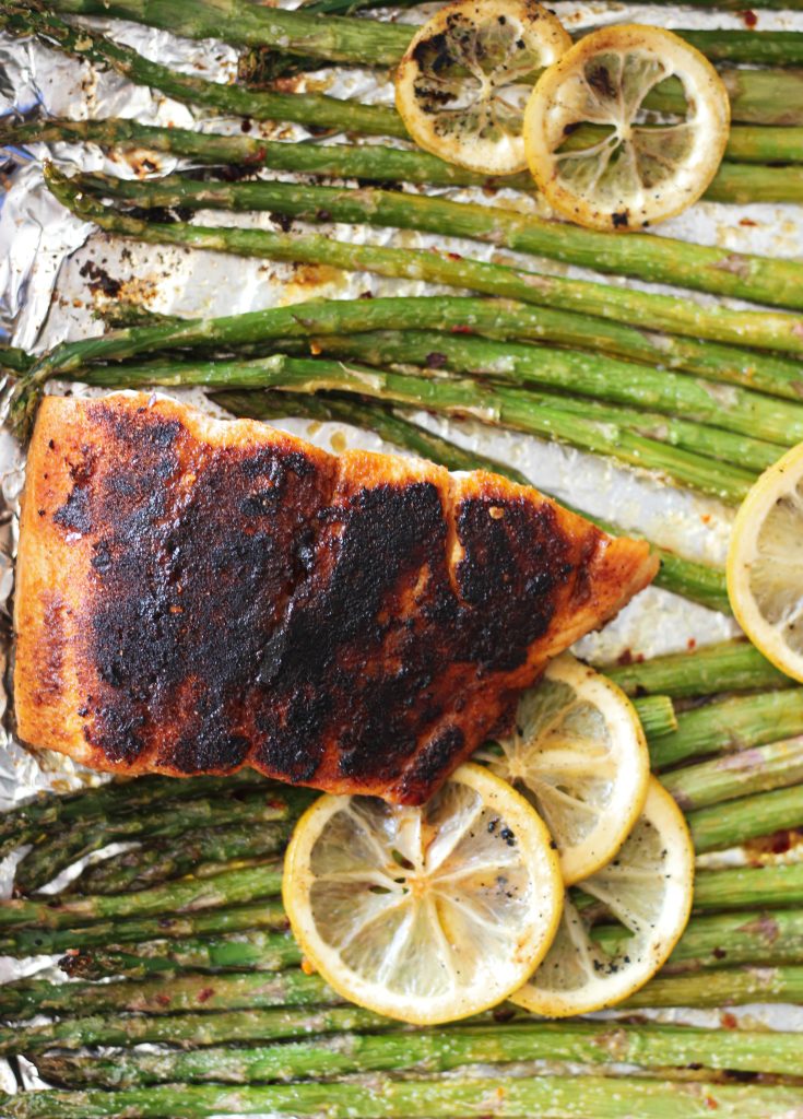 Spicy Blackened Salmon with Roasted Tangy Lemon Garlic Asparagus
