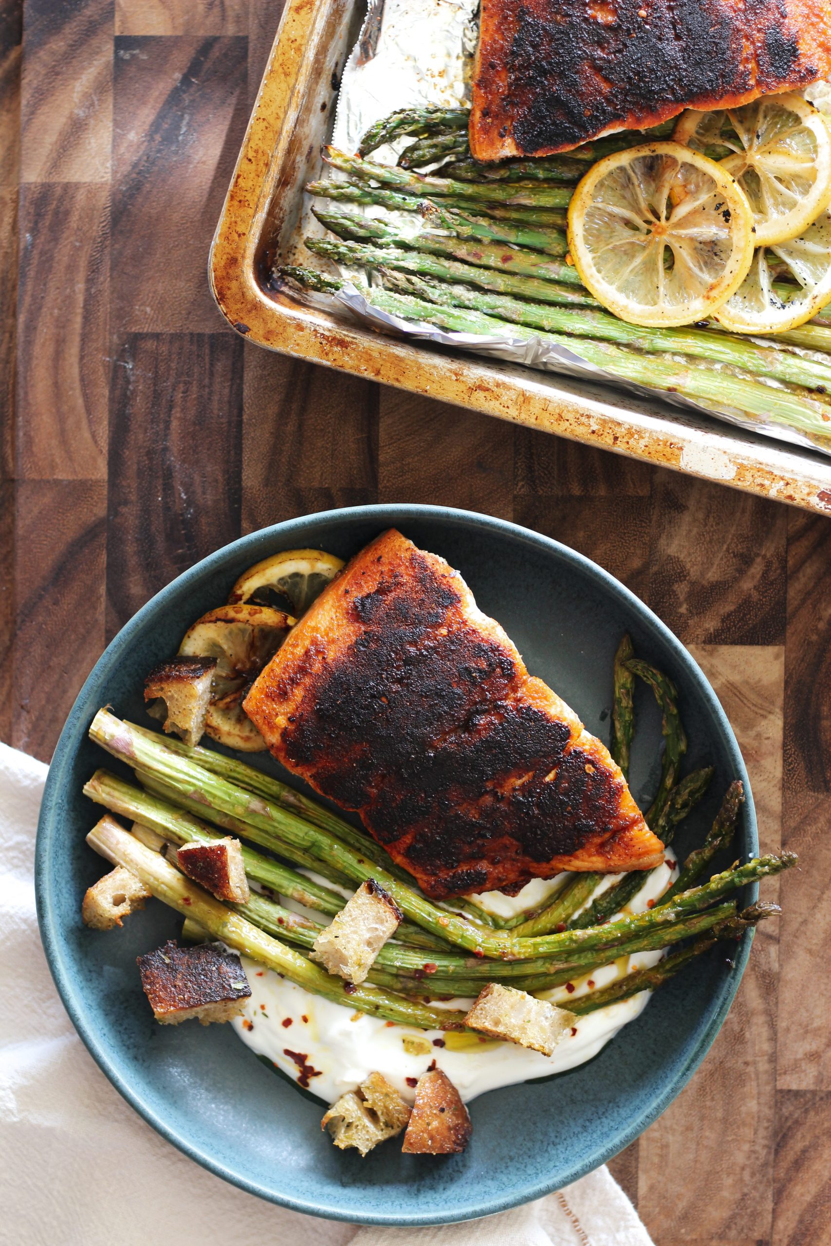 Spicy Blackened Salmon with Roasted Tangy Lemon Garlic Asparagus