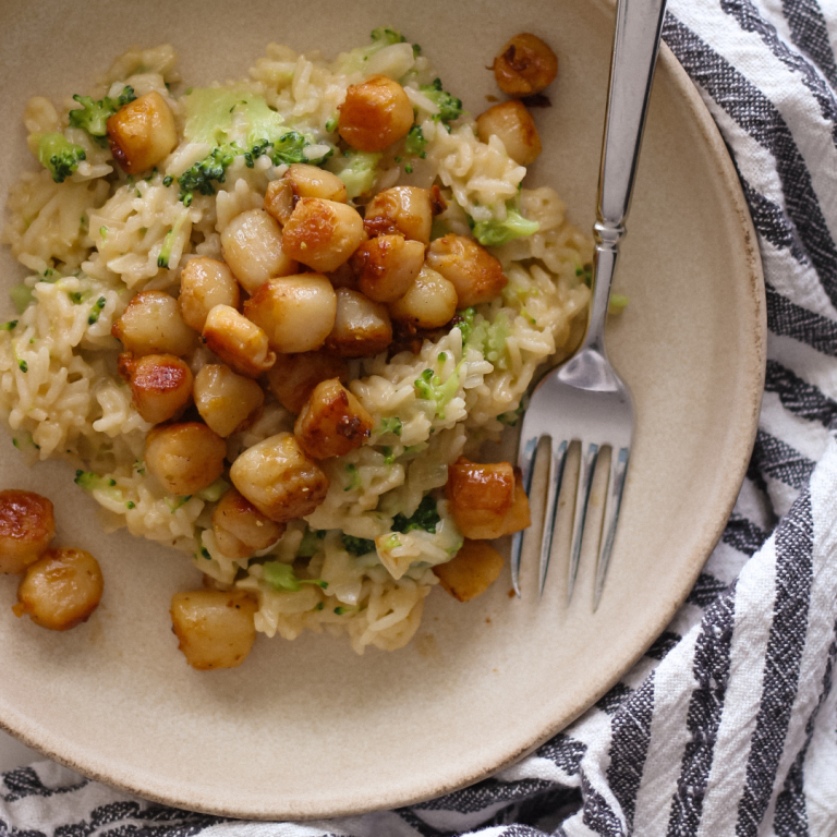 Seared Zesty Scallops with Broccoli Cheddar Risotto