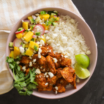 tinga chicken rice bowl with mango mint salsa