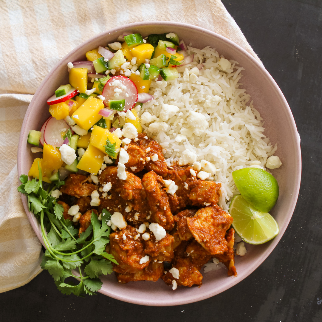 Tinga Rice Tinga Chicken Rice Bowl with Mango Mint Salsa - Mozie