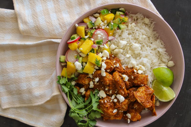 Tinga Chicken Rice Bowl with Mango Mint Salsa Mozie