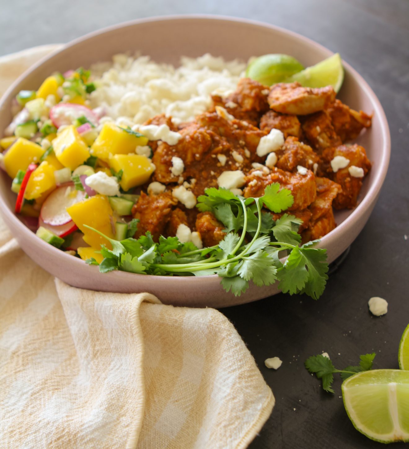Tinga Rice Tinga Chicken Rice Bowl with Mango Mint Salsa - Mozie