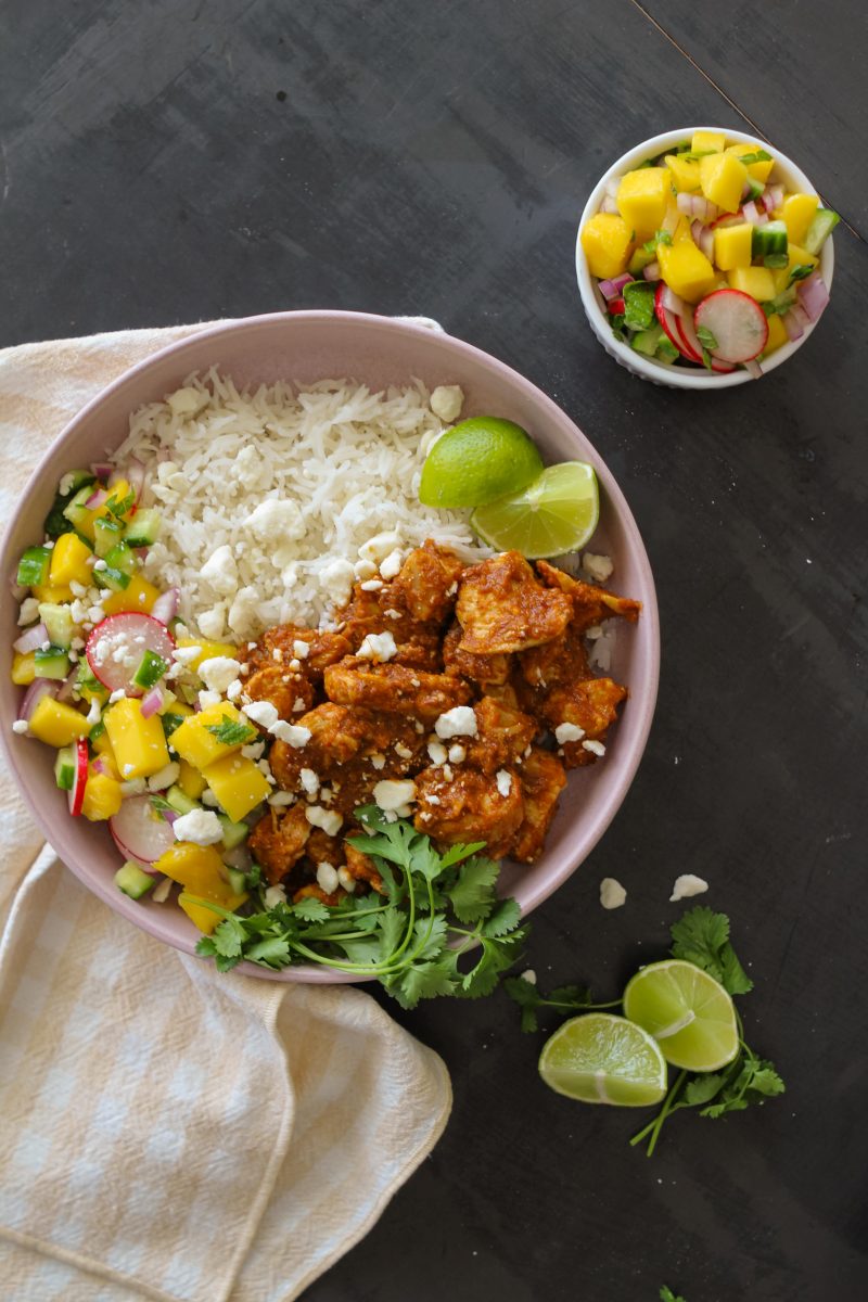 Tinga Chicken Rice Bowl with Mango Mint Salsa Mozie