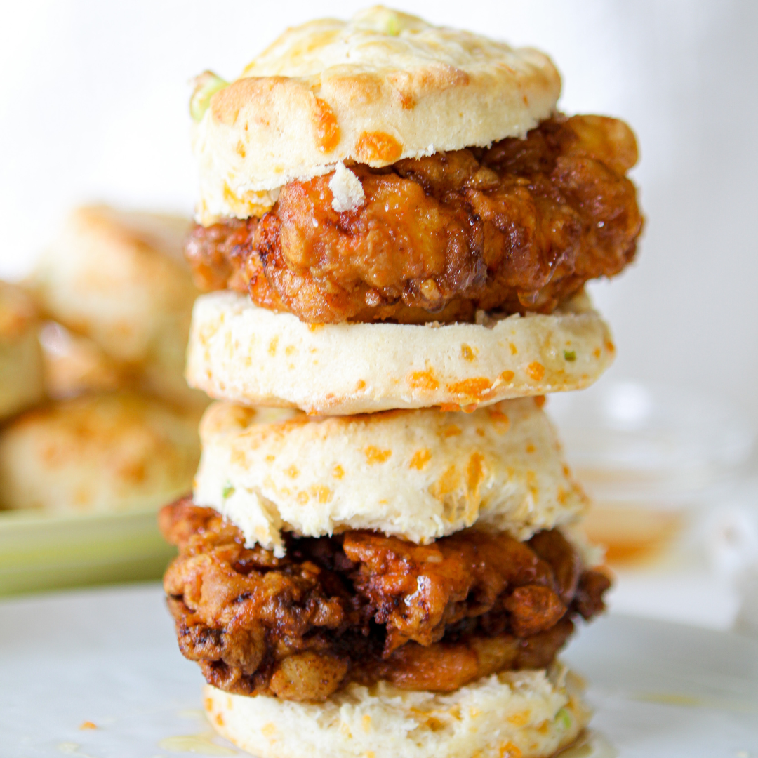 Cheddar Scallion Chicken Biscuits with Honey Drizzle