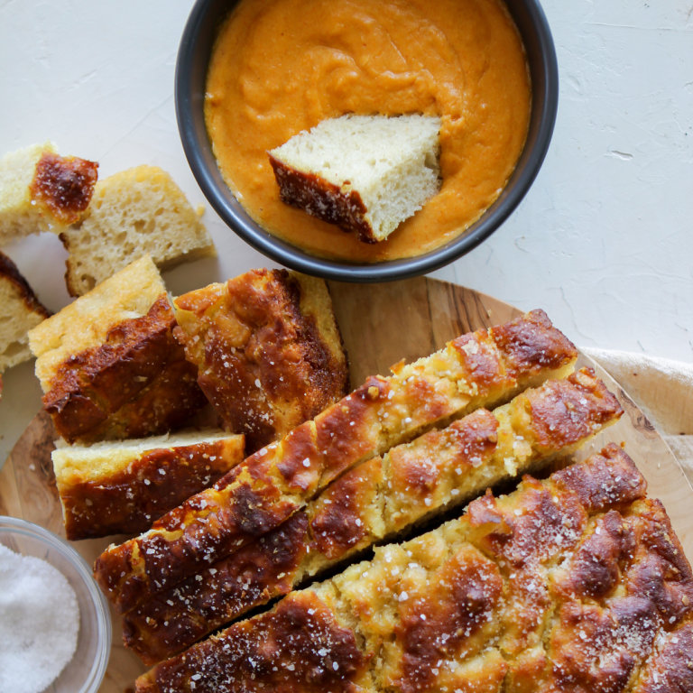 Pretzel Focaccia Bread with Spiced Cheese Dipping Sauce