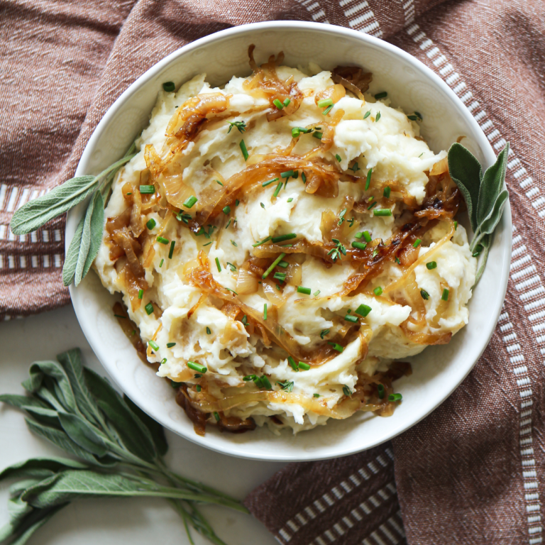 Garlic Thyme Mashed Potatoes with Caramelized Onions