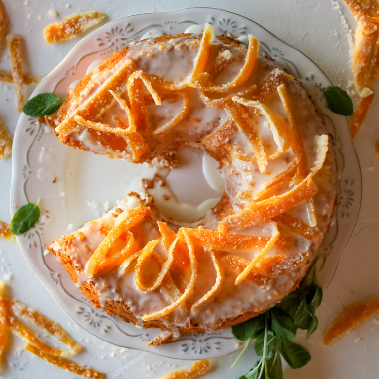 Homemade Angel Food Cake with Candied Orange Peel