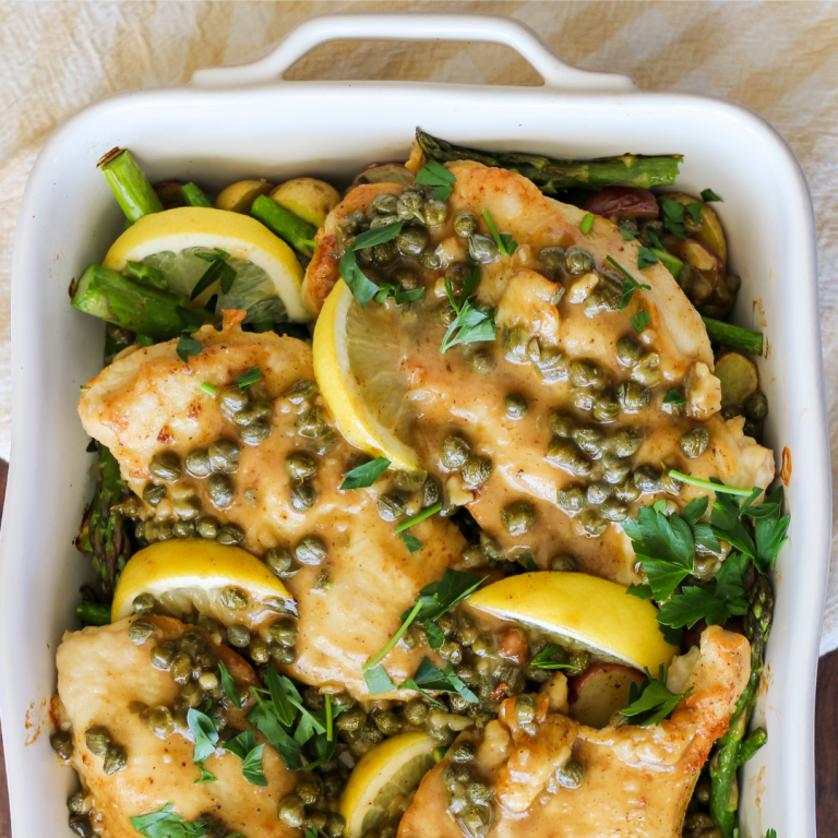 chicken piccata and roasted potatoes and asparagus