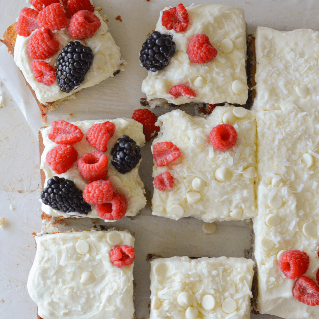 White Chocolate Coconut Mixed Berry Sheet Cake