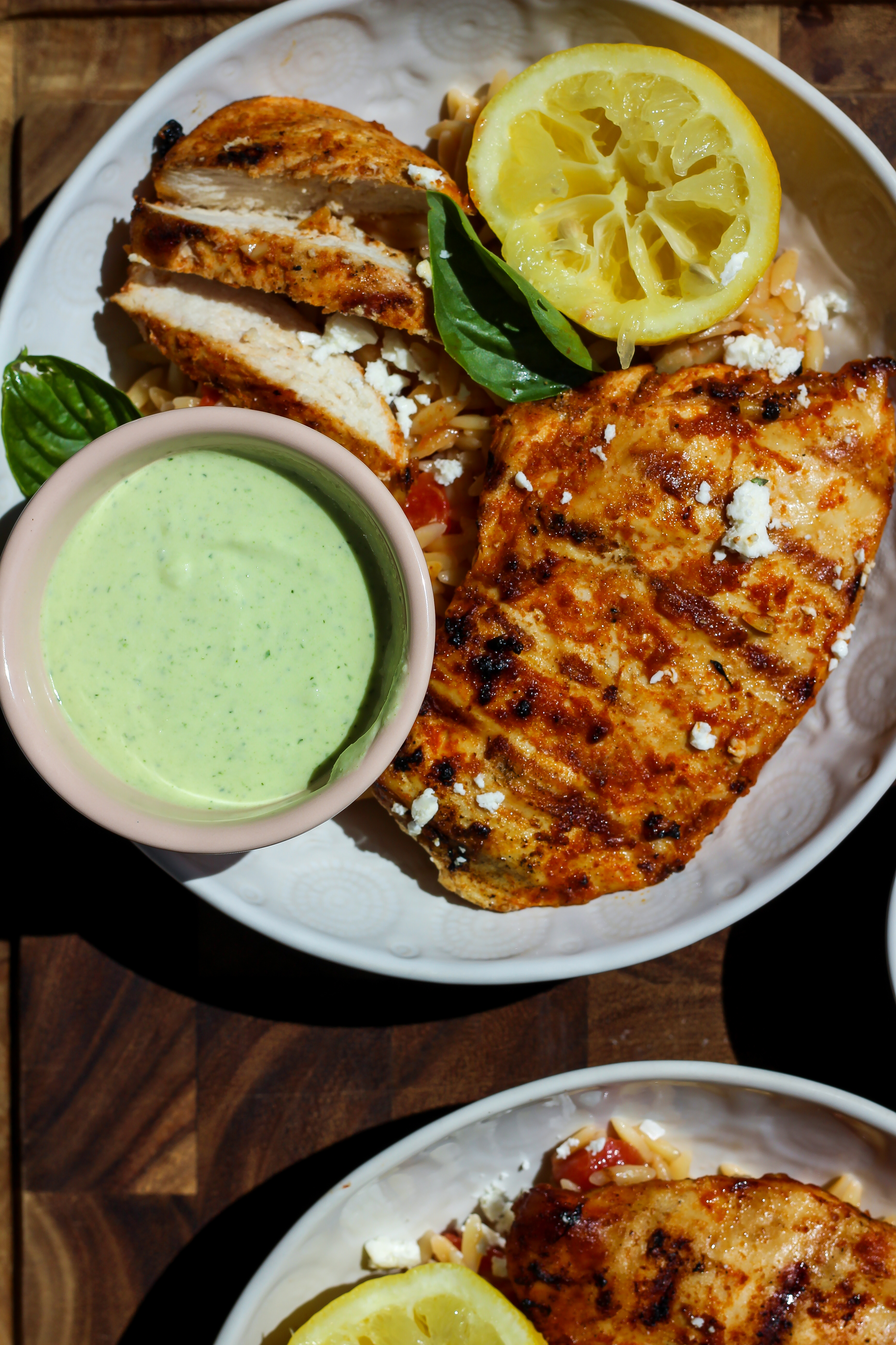 grilled mediterranean chicken with tomato orzo