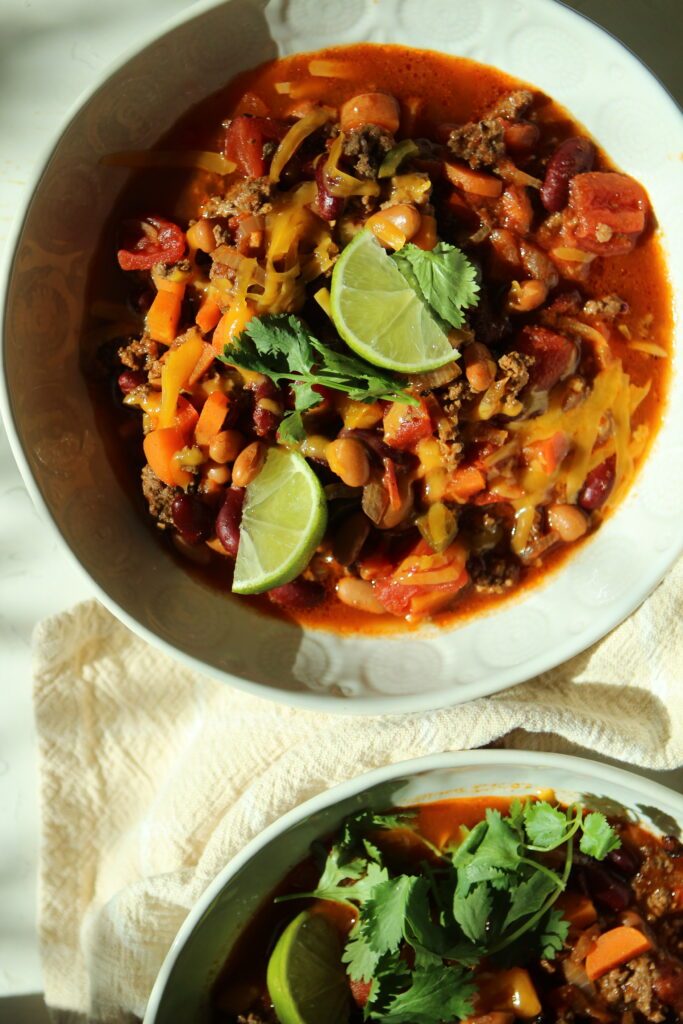 hearty beef and bean chili, easy fall soup recipes