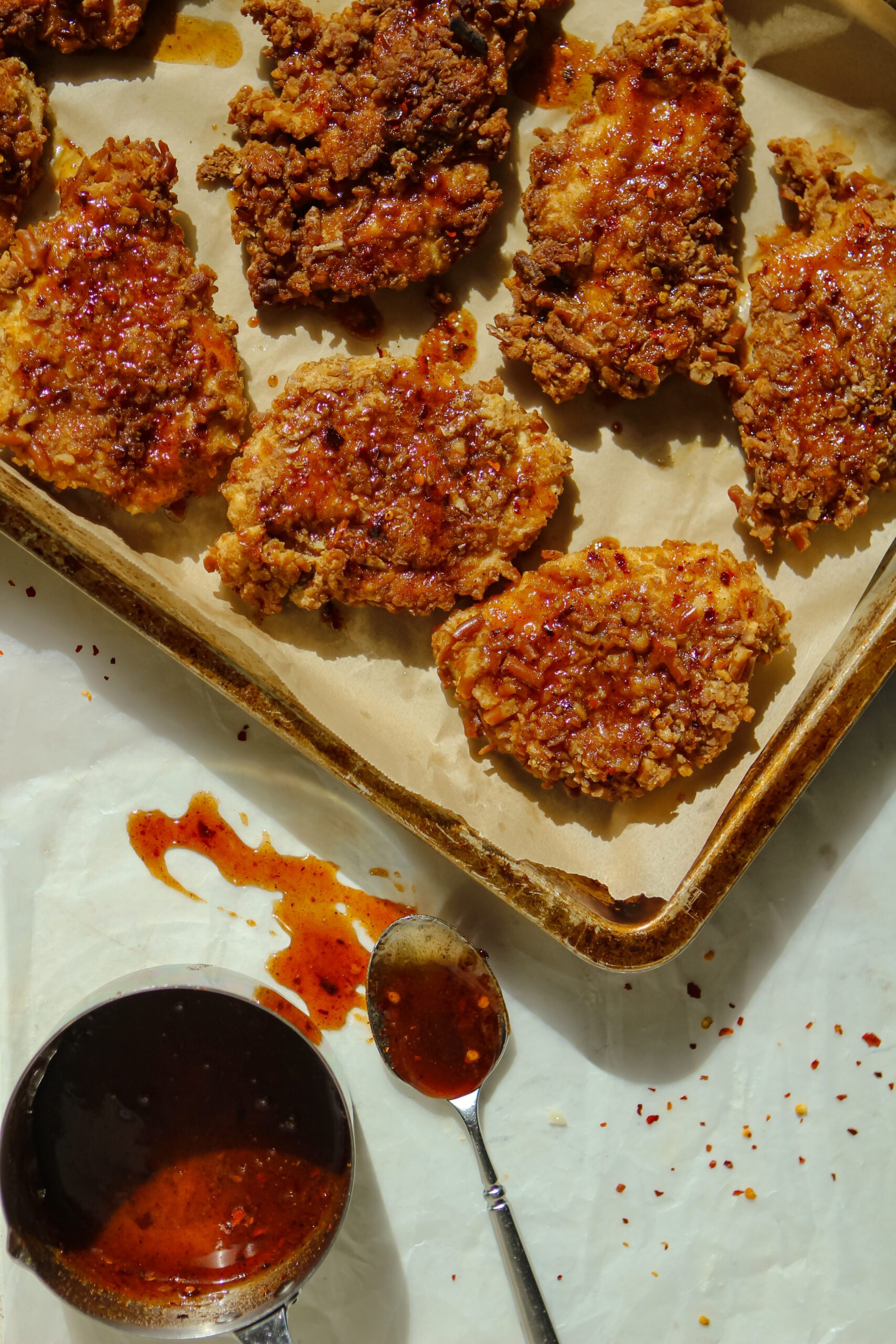 pretzel crusted hot honey chicken