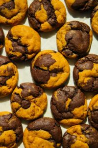 pumpkin spice latte cookies made with a pumpkin and chocolate espresso dough