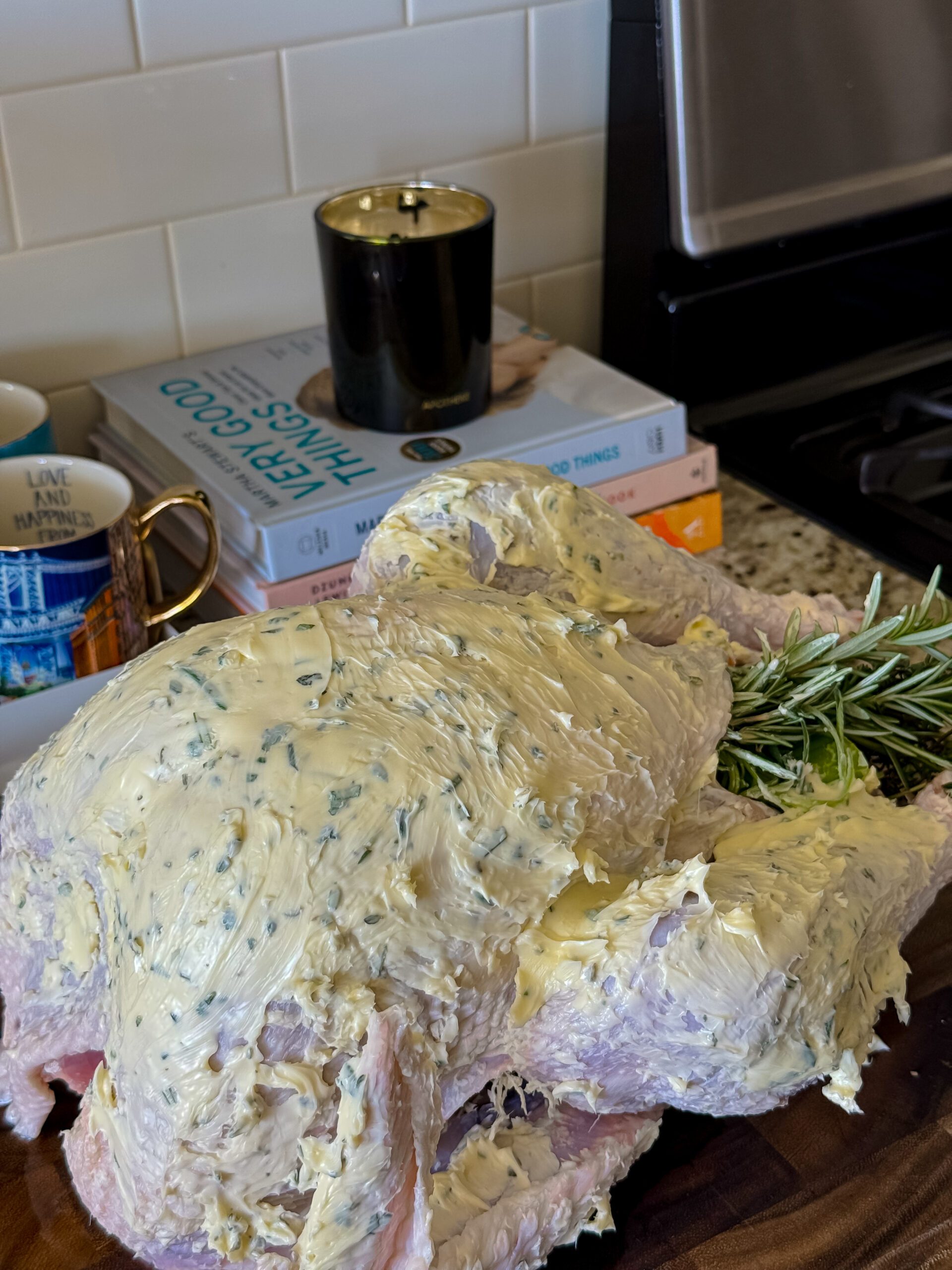 herbed butter coated on turkey for golden skin