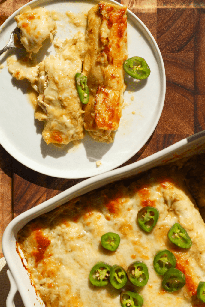 white and green chicken enchiladas