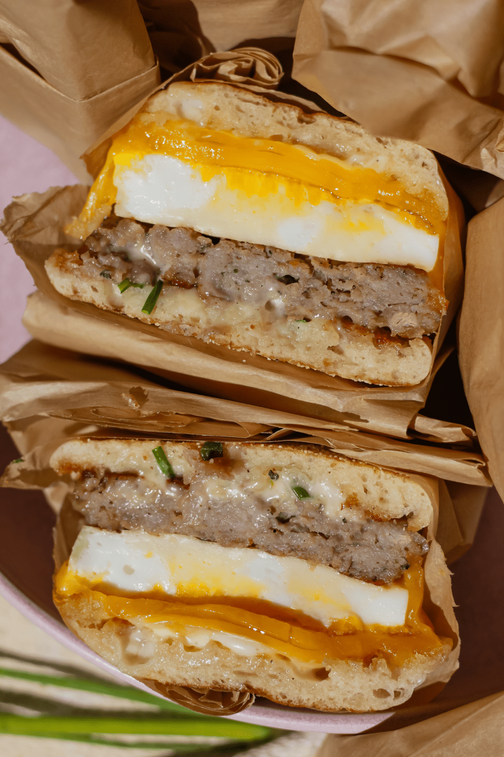 Cheesy Egg and Maple Sausage Sandwiches with Chive Aioli Sauce