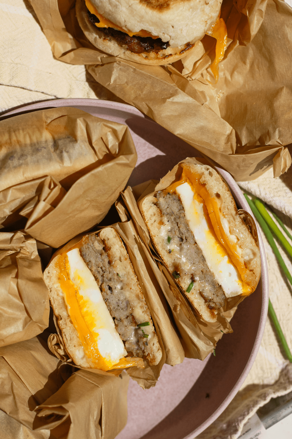 Cheesy Egg and Maple Sausage Sandwiches with Chive Aioli Sauce