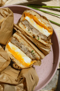 Cheesy Egg and Maple Sausage Sandwiches with Chive Aioli Sauce